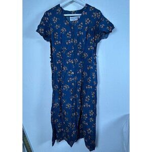 Vintage Caroline Wells Petites Womens Short Sleeve Floral Midi Dress 10P Navy